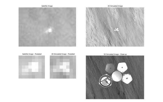 Satellite images from HiRISE and simulated Beagle 2 images, at high resolution and scaled down. Image: De Montfort University